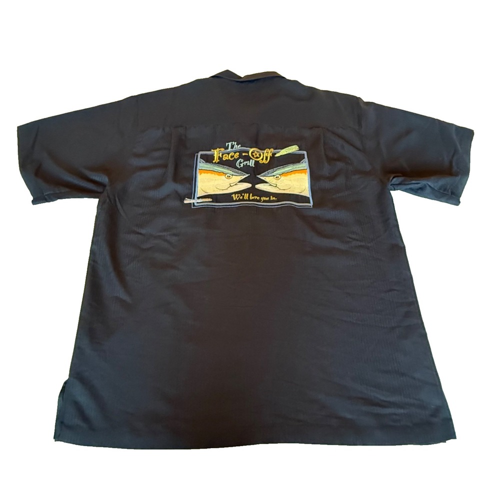 Hook & Tackle Mens Casual Button Down Fishing Shirt Black Embroidered Size Large